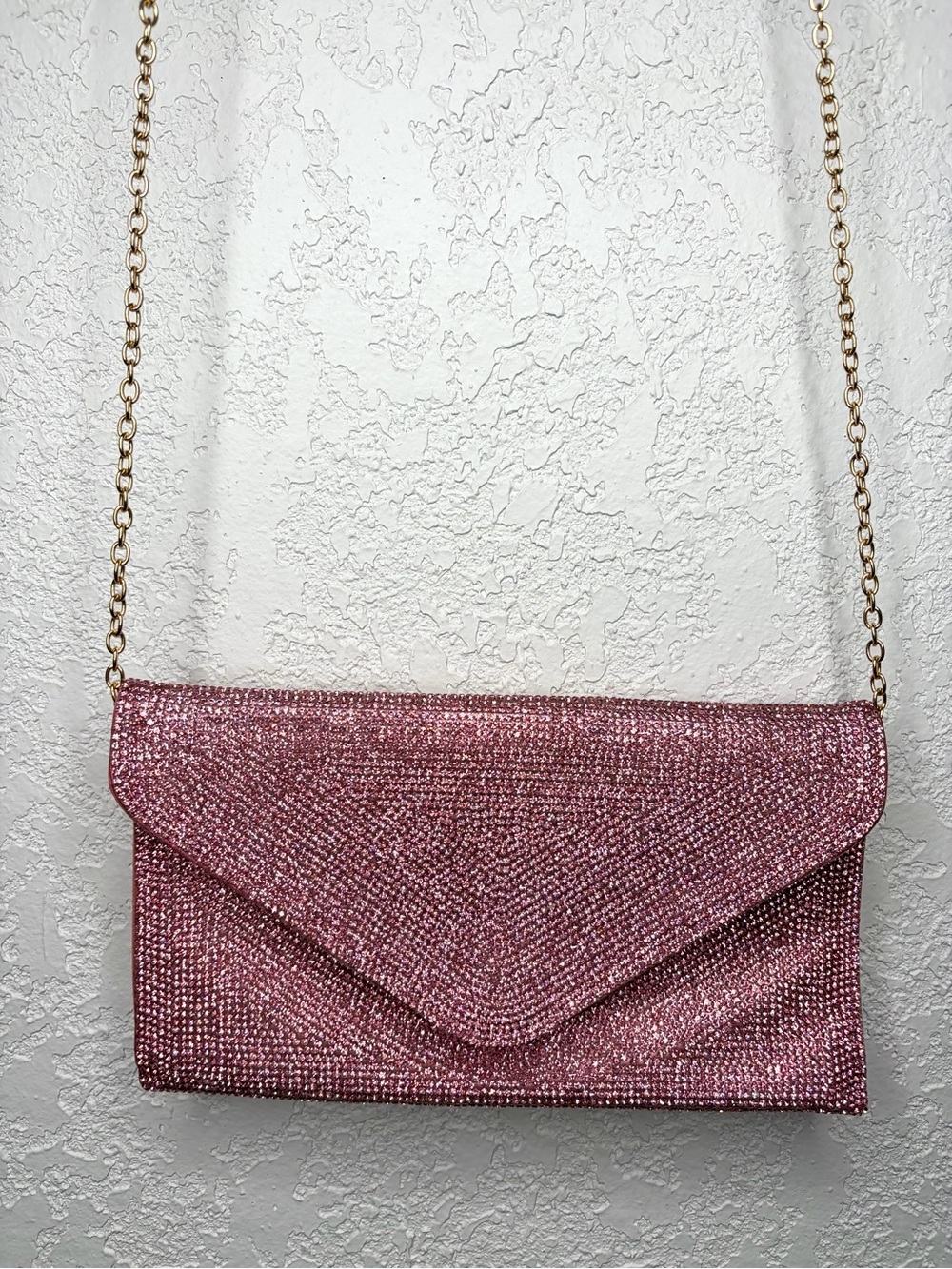 Steve Madden Glittering Rhinestone Pink Hand Bag Clutch Purse with Chain Strap